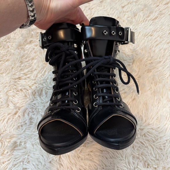 Chloe Rylee Leather Open-Toe Lace Up Booties Black block heel SZ 36 ankle buckle - Picture 3 of 15